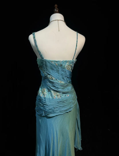 Vintage Abschlussballkleider A-Linie 2000er Spaghettiträger Blau Chiffon Mit Perlen Spitze Langes Abendkleid N2459