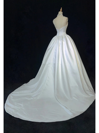 Einzigartige Hochzeitskleider, Ballkleid, Spaghettiträger, Weiß mit gerafften Perlen, langes Brautkleid N3629