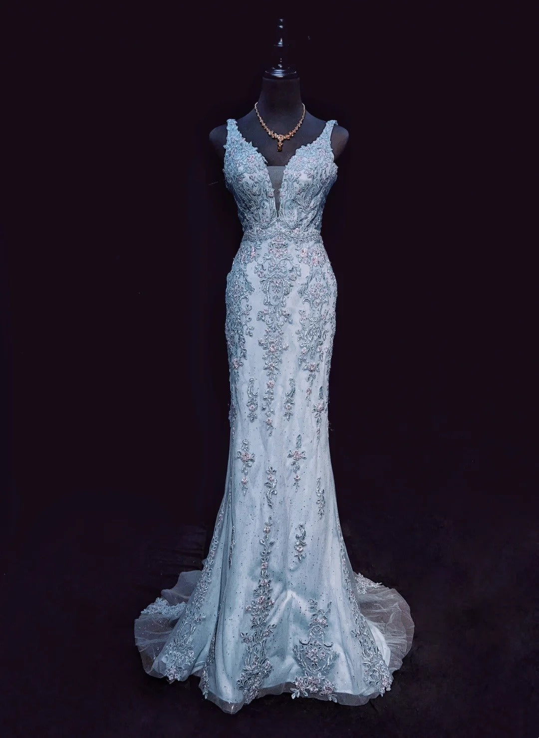 Inspiration Robes de bal vintage Sirène Col en V Bleu ciel clair Longues années 1990 avec appliques de dentelle Robes de soirée N3359