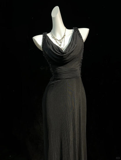 Vintage Prom Dresses 80s Mermaid Straps Black Tie Dress Backless Long With Beading Evening Formal Outfits RB5139
