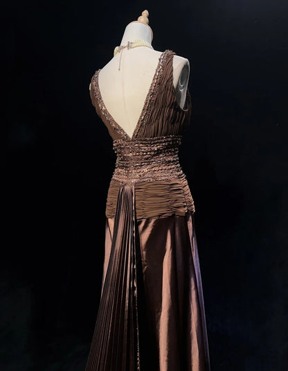 Vintage Ballkleider Meerjungfrau Schokolade Chiffon V-Ausschnitt mit Perlen Lang Festliches Kleid N2453