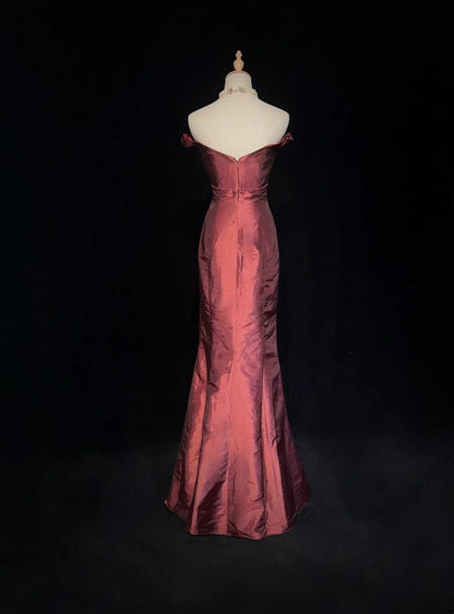Glamouröse Ballkleider Meerjungfrau schulterfrei Rostrot mit Perlen Abendkleid N2874