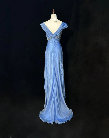 Vintage Abschlussballkleider A-Linie Sweetheart Blau Chiffon mit Perlen Lange formelle Abendgarderobe N3869