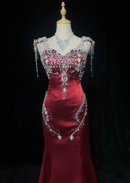 Vintage Prom Dresses 80s Mermaid Straps Burgundy Satin Long With Silver Beading Evening Formal Outfits RB5135