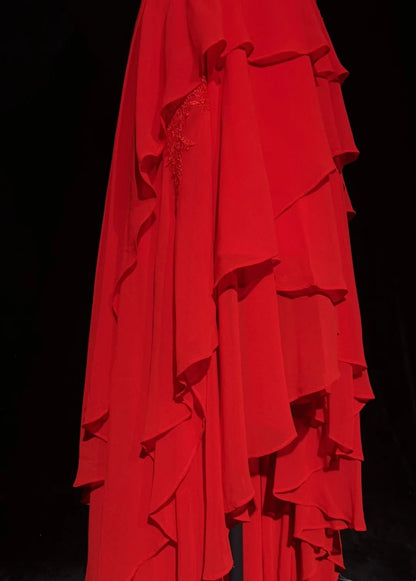 Robes de bal vintage en cœur ligne A rouges années 70 avec volants en mousseline longue robe de soirée formelle N2524