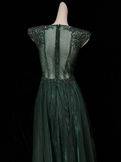 Vintage Prom Dresses A line Scoop Emerald Green Satin Long 2000s Party Evening Formal Gown RC1142