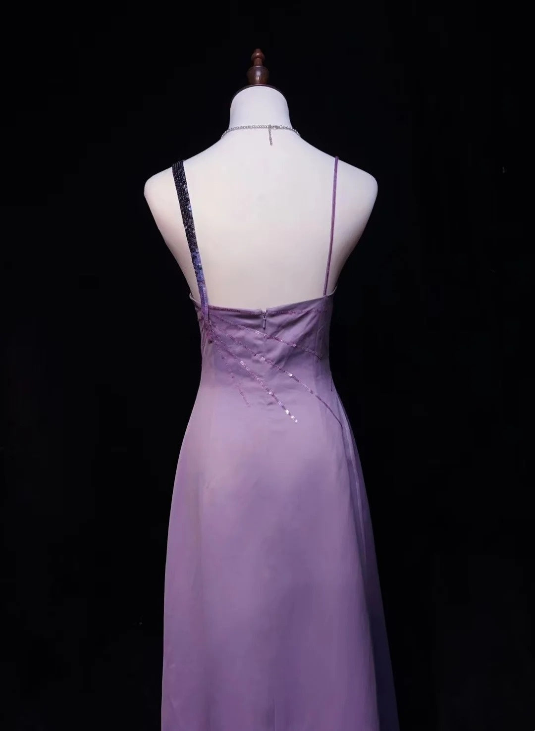 Vintage Prom Dresses A Line Lilac Satin Sleeveless 70s Beads Formal Gown N2568