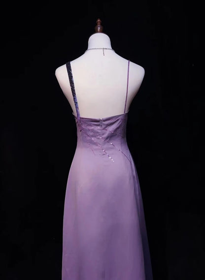 Vintage Prom Dresses A Line Lilac Satin Sleeveless 70s Beads Formal Gown N2568