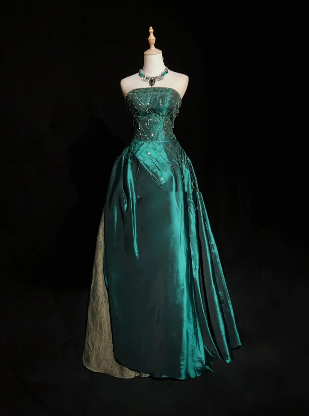 Vintage Prom Dresses Inspo Ball Gown Strapless Green With Beads 80s Long Formal Gown N2739