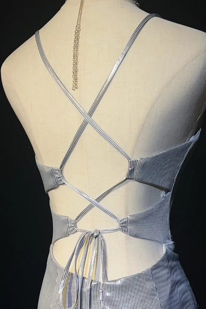 Vintage Abschlussballkleider Inspo Meerjungfrau Spaghettiträger Silber Rückenfrei 80er Lange Abendkleid N2741