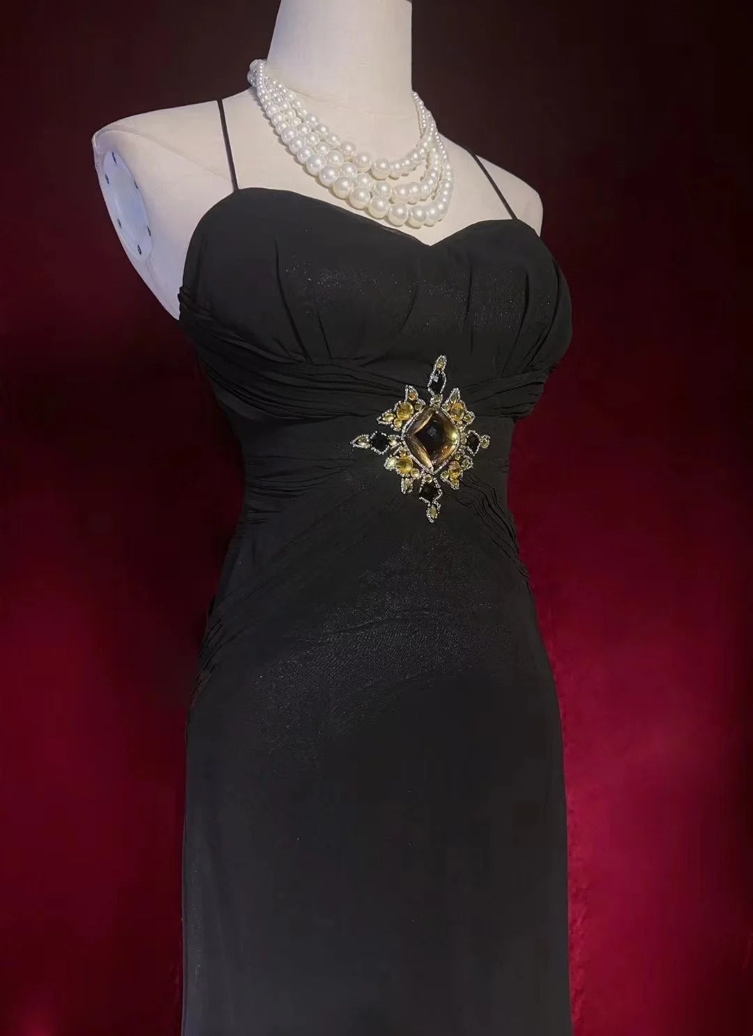 Robe de soirée vintage trapèze à fines bretelles avec perles, robe longue de bal des années 80 N2730