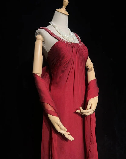 Robes de Bal Élégantes Ligne A Col Bijou Bourgogne Mousseline avec Cape Perles Sans Manches Longue Robe de Soirée Formelle N2885