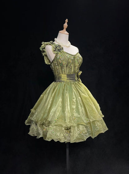 Pretty Ball Gown One Shoulder Olive Green Organza Short Mini Homecoming Dresses Hoco Gowns N2835