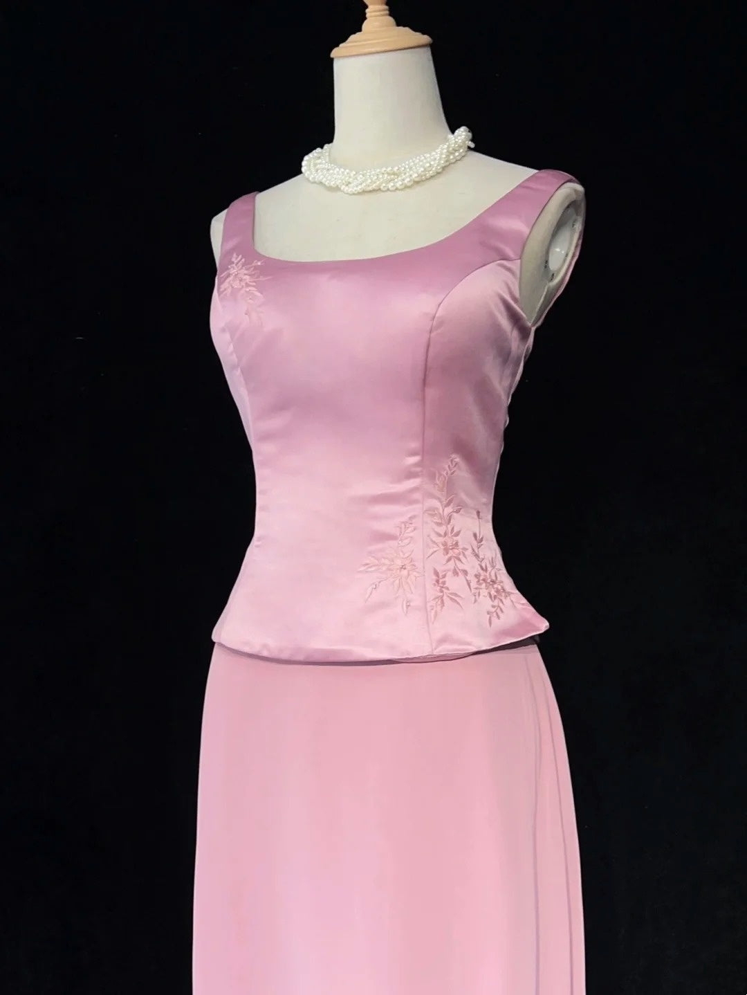 Robes de bal vintage en satin rose coupe trapèze à col carré avec perles, longue robe de soirée formelle années 90 N2662