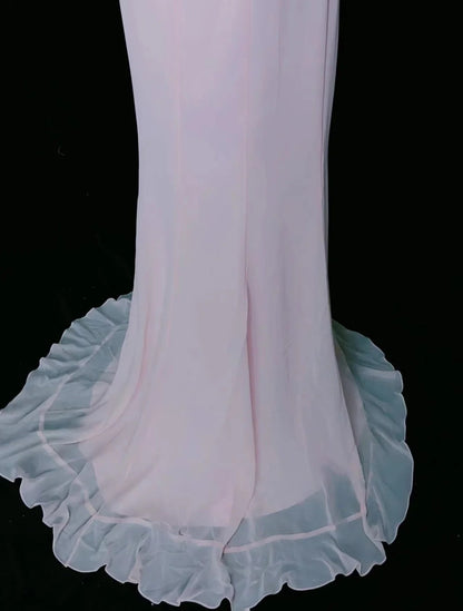 Vintage Abschlussballkleider 80er Meerjungfrau One Shoulder Pink Chiffon Ärmellos Mit Perlen Semi-Formale Abendoutfits N3620