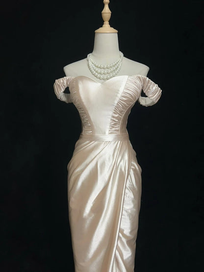 Vintage 90er Abschlussballkleider Meerjungfrau Off Shoulder Champagner Satin Langes Ballkleid N3010