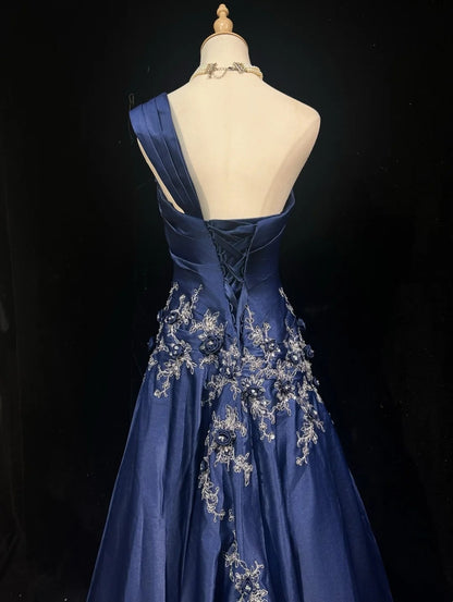 Navy Blue Prom Dress Inspo Mermaid One Shoulder Lace Satin 18th Birthday Outfits Formal Party Gown RC0116