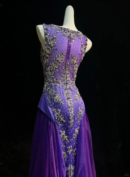 Sirène Vintage Col Bateau Violet Avec Perles Tulle Robes De Bal Longues Inspirations Tenues De Soirée RB4343