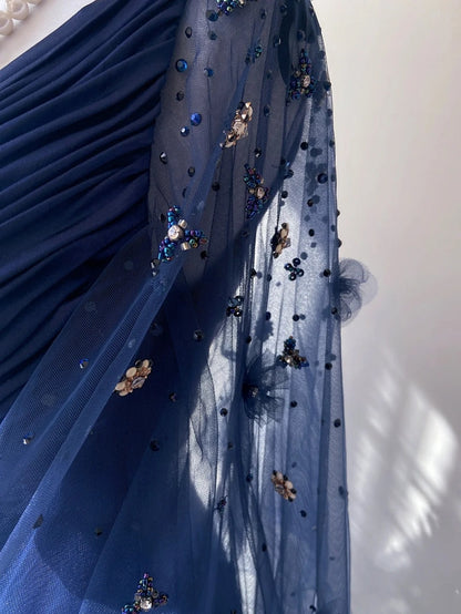 Vintage Ballkleider Inspo A-Linie Empire V-Ausschnitt Marineblau Satin 90er Mit Ärmeln Abendkleider N3314