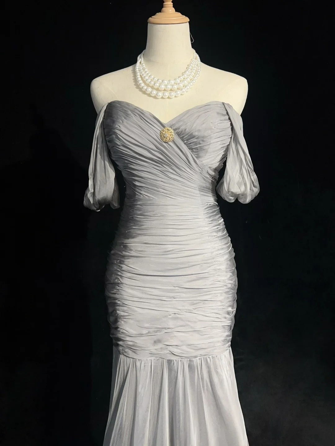 Modest Prom Dresses Mermaid Off The Shoulder Gray Chiffon With Sleeves Formal Evening Dress N3847
