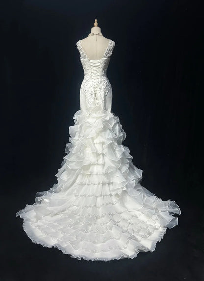 Vintage 90er Brautkleider Meerjungfrau V-Ausschnitt Stufenlagen Weiß Perlen Sommergarten Langes Brautkleid N3826