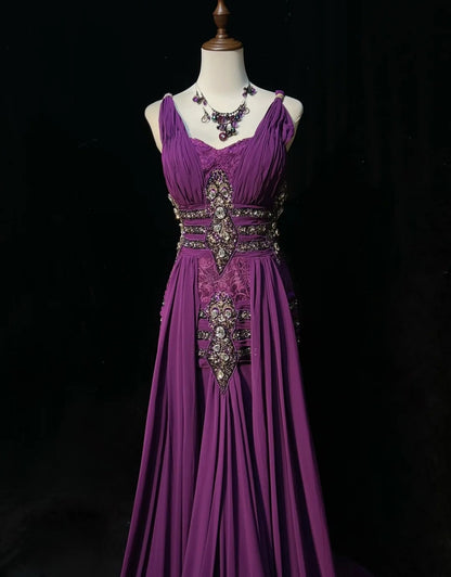 Vintage Ballkleider A-Linie V-Ausschnitt Lila Chiffon Mit Perlen Falten Langes Abendkleid N2460