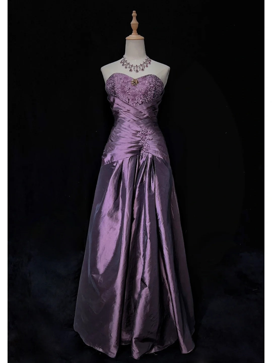 Robes de bal vintage pour le bal, bustier, taffetas violet années 80 avec dentelle, longues tenues de soirée formelles N3892