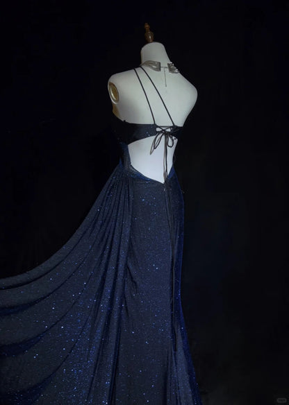 Robes de Bal Vintage Années 90 Sirène Asymétrique Bleu Marine Pailletée Dos Nu Longues Tenues de Soirée N3140