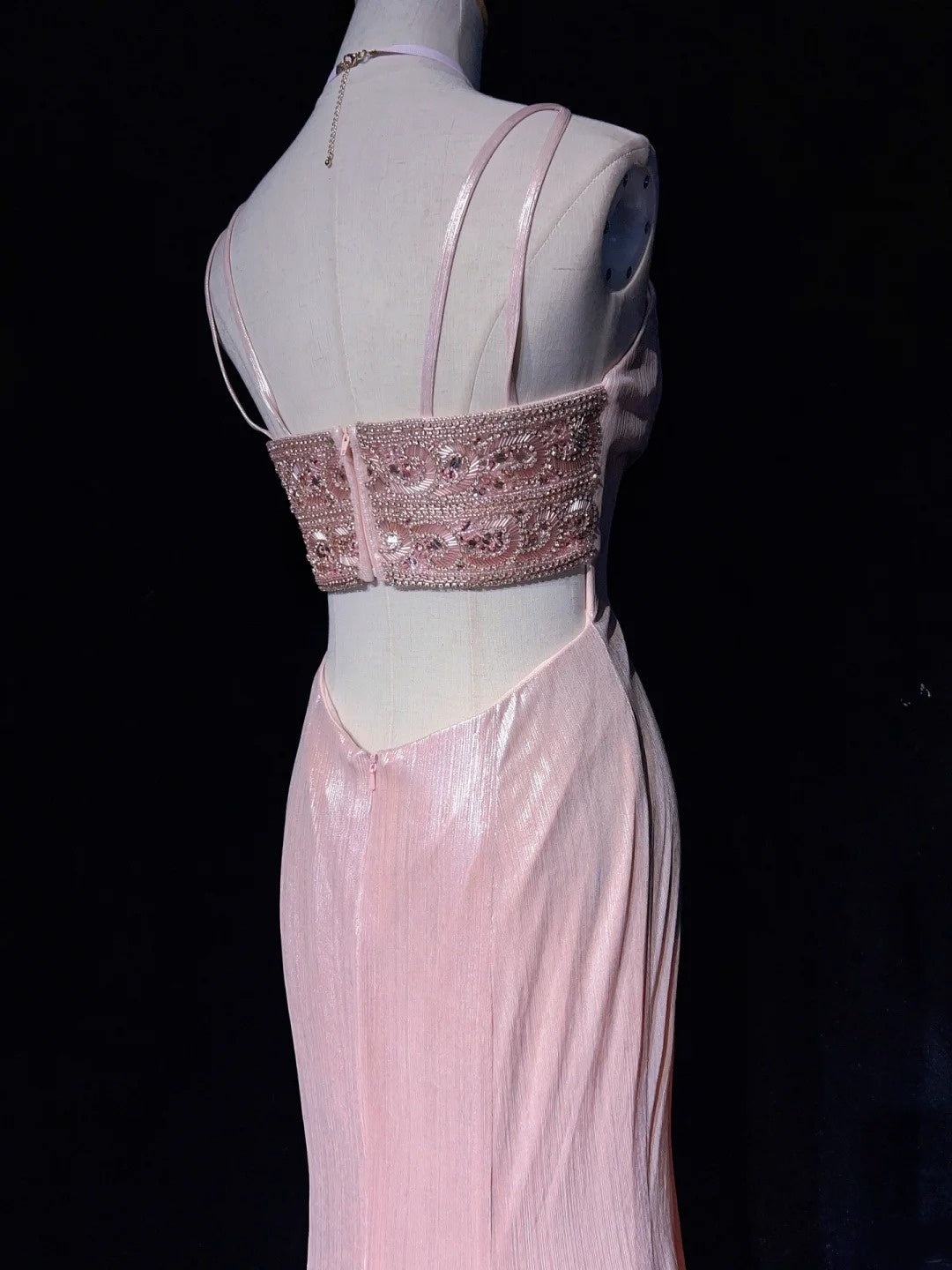 Vintage Ballkleider Meerjungfrau Spaghettiträger Rosa Satin 80er Jahre Lange formelle Abendkleider N3879