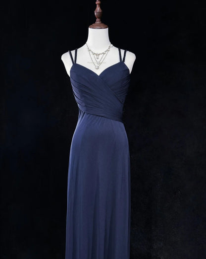 Robes de bal vintage des années 80, coupe trapèze, fines bretelles, en satin bleu marine, longues avec perles, tenues de soirée N3133