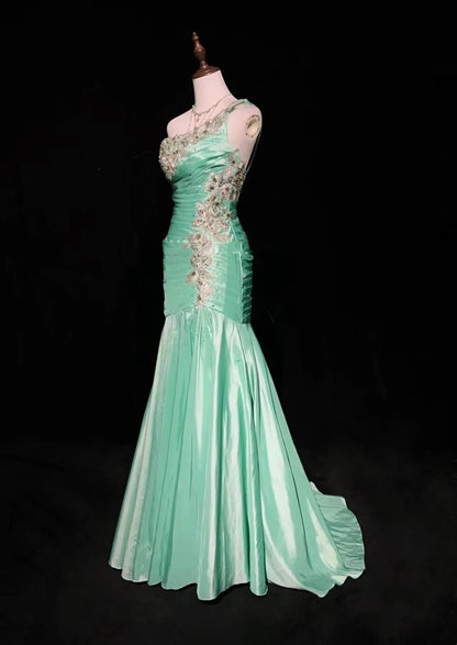Vintage Ballkleider Meerjungfrau One Shoulder Mintgrün mit Spitze Perlen Cape Langes Formelles Kleid N2463