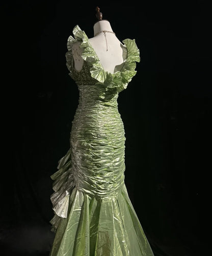 Vintage Ball Ästhetische Kleider Meerjungfrau V-Ausschnitt Grün mit Perlen Lang Abendkleid N3059