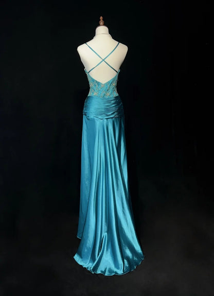 Vintage-Abschlussballkleider-Inspo Meerjungfrau Spaghettiträger Blau Satin 80er Jahre Mit Perlen Abendkleider N3353