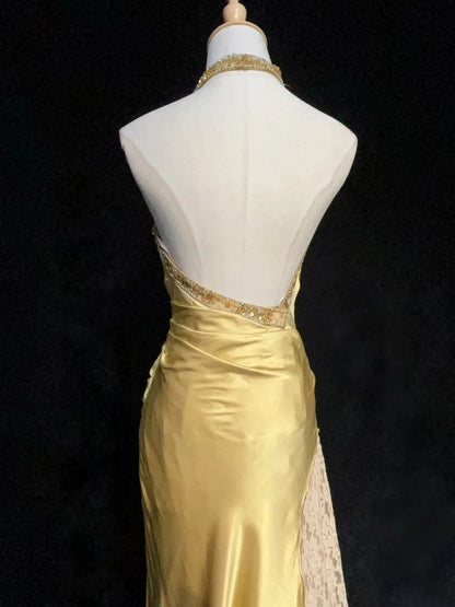 Bescheidene Ballkleider Meerjungfrau Neckholder Gold Satin mit Perlenstickerei Spitze Langes Festliches Abendkleid N3865