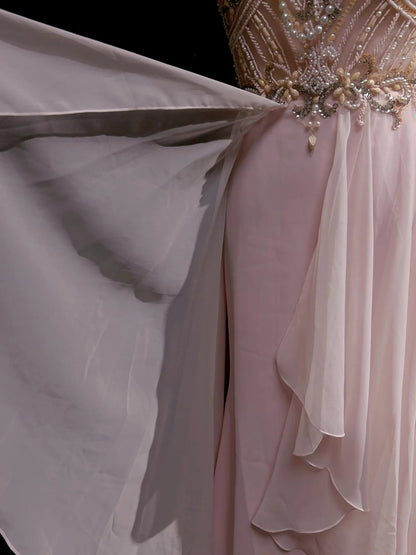 Vintage Ballkleid-Ästhetik Kleider A-Linie Schmuck Perle Rosa Chiffon Mit Perlen Lang Formales Kleid N3033