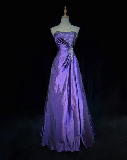 Robes de bal vintage sans bretelles violettes avec application de dentelle dorée, tenue de soirée longue années 80 N3886