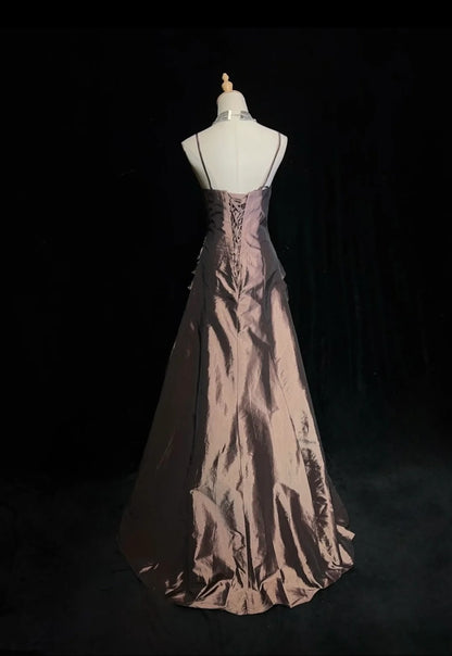 Vintage-Ballkleid für den Abschlussball, Spaghettiträger, Perlen, ärmellos, Taft, 90er, langes Abendkleid N2879