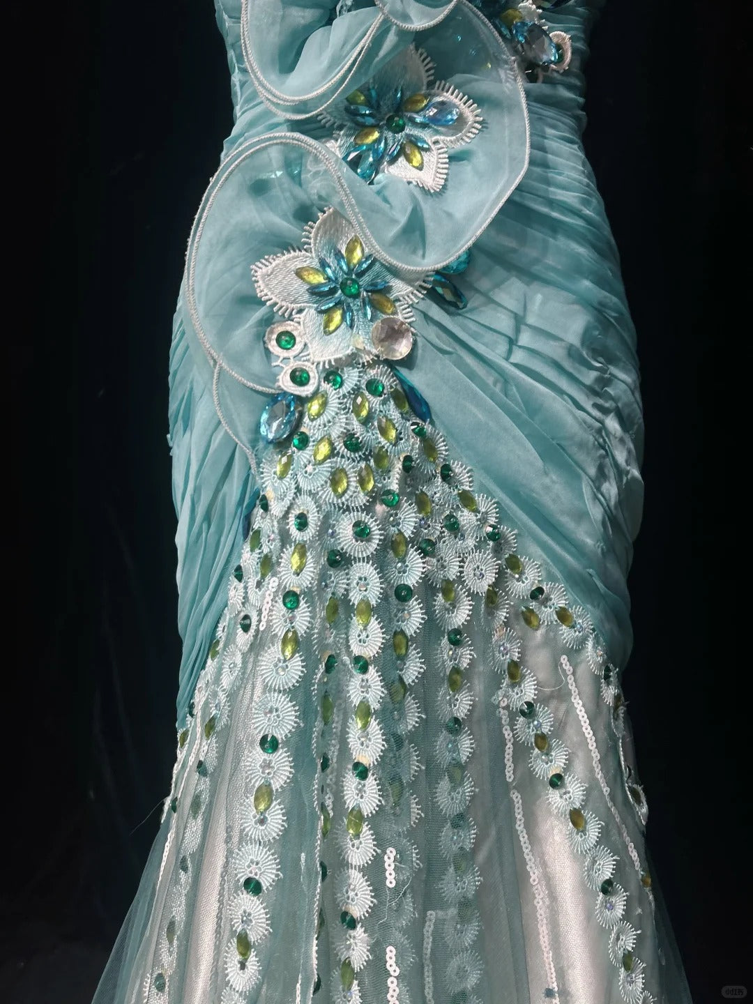Bescheidene Abschlussballkleider Meerjungfrau One Shoulder Blau Tüll Spitze Ärmellos Mit Rüschen Festliches Abendkleid N3833