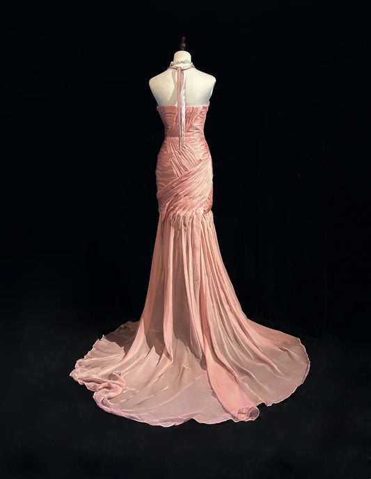 Vintage Meerjungfrau Halter Rosa Mit Falten Ärmelloses Langes Abendkleid Ballkleid Geburtstag Prom Kleider N2447