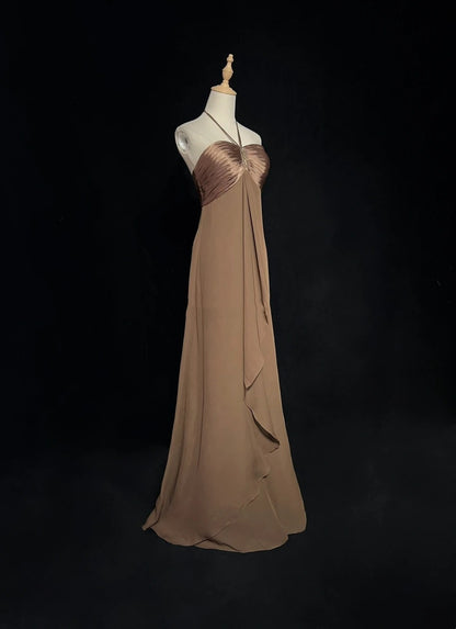 Robes de Bal Vintage, Coupe Droite, Col Halter, Marron, Sans Manches, Mousseline, Années 80, Longue Robe de Soirée N2759