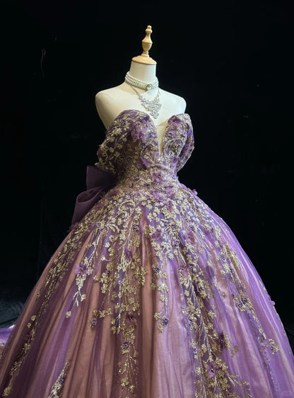 Robe de bal bustier en tulle violet avec appliques Robes de soirée Quinceañera Tenues formelles RB3938