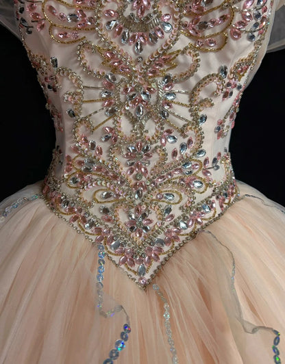 Sweet Ball Gown Strapless Short Sleeves Pink Sequined Long Formal Dress Birthday Prom Dresses With Jacket N2861