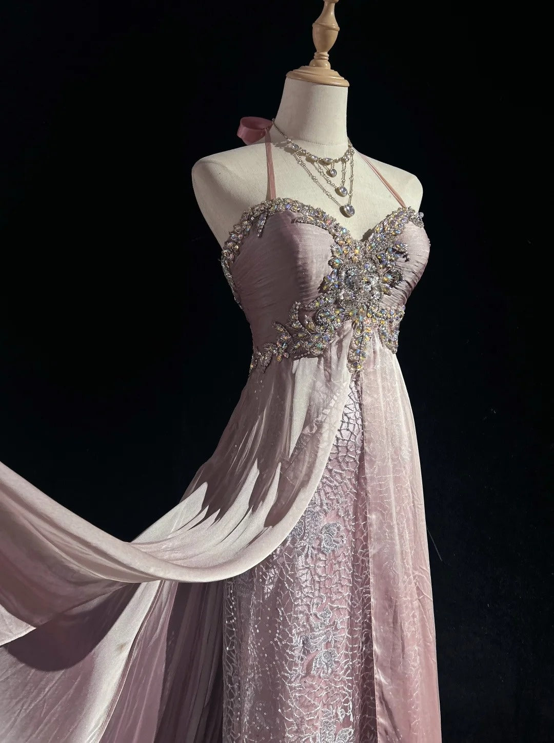 Robes de bal vintage esthétiques en mousseline de soie rose clair, coupe trapèze, dos nu, perles, robe de soirée longue N3034