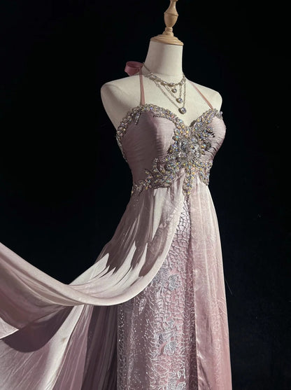 Robes de bal vintage esthétiques en mousseline de soie rose clair, coupe trapèze, dos nu, perles, robe de soirée longue N3034