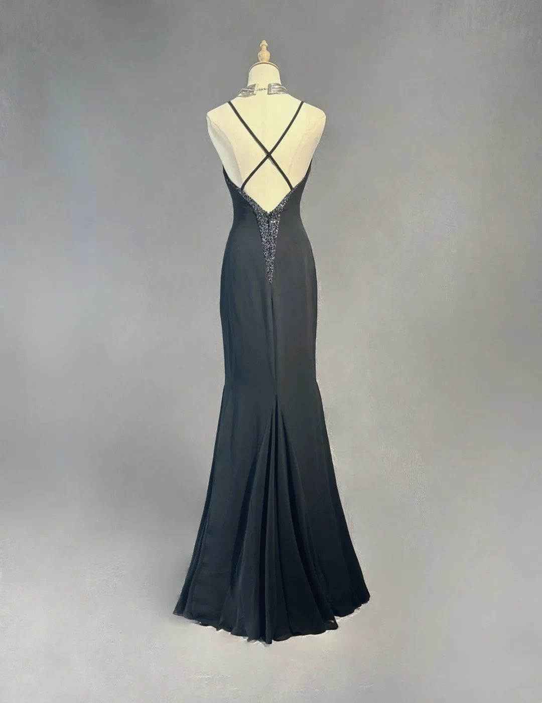 Vintage Prom Dresses Meerjungfrau Spaghettiträger Abendkleid Chiffon 70er mit Perlenstickerei Rückenfrei Langes Abendkleid N2520