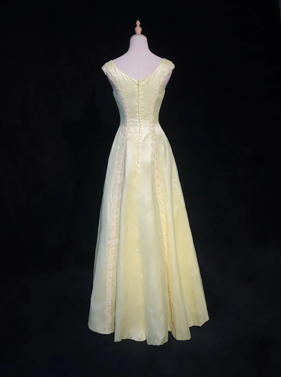 Vintage Ballkleider 1950er Jahre Retro Elegant A-Linie U-Boot-Ausschnitt Gelb Satin Abendkleider Mit Schal N3011