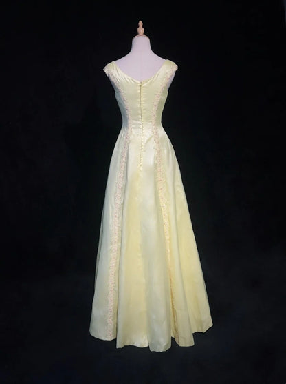 Vintage Ballkleider 1950er Jahre Retro Elegant A-Linie U-Boot-Ausschnitt Gelb Satin Abendkleider Mit Schal N3011