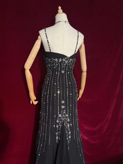 Vintage Abschlussballkleider 90er Meerjungfrau Spaghetti-Träger Schwarz Tie Mit Silberperlen Lang Semi-Formal Abendkleid N3666