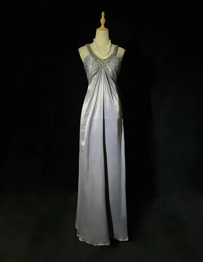 Inspiration für Vintage-Ballkleider A-Linie Neckholder Grau Lang 1990er mit goldener Perlenstickerei Abendkleider N3326