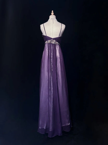 Vintage Prom Dresses 1960s A line Spaghetti Strap Grape Tulle With Flowers Sleeveless Prom Dresses Evening Formal Outfits RB5133